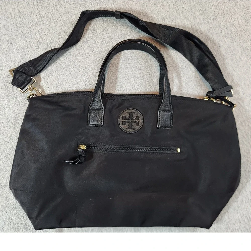 Tory Burch Ella Tote Bag Womens Medium Black Nylon Saffiano Crossbody Strap